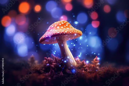 Fantasy mushroom with bokeh light in the forest at night , photo fantastic wonderland forest landscape with mushrooms and flowers, Ai generated
