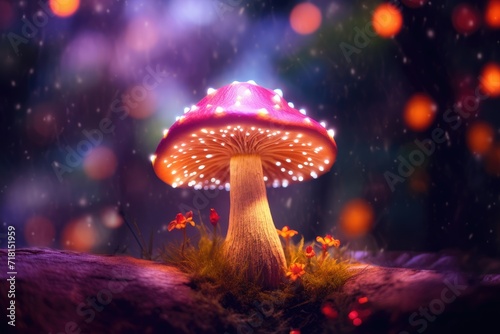 3d render of fly agaric mushroom in a forest , Fantasy mushroom with bokeh light in the forest at night, Ai generated