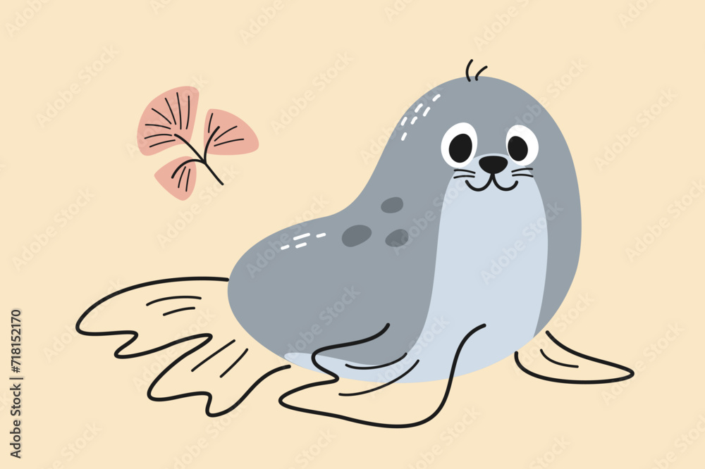 Cute hand drawn animal. Doodle sticker with charming seal or walrus, inhabitants of sea and ocean. Design for nursery room decoration. Cartoon flat vector illustration isolated on beige background Cute hand drawn animal. Doodle sticker with charming seal or walrus, inhabitants of sea and ocean. Design for nursery room decoration. Cartoon flat vector illustration isolated on beige background