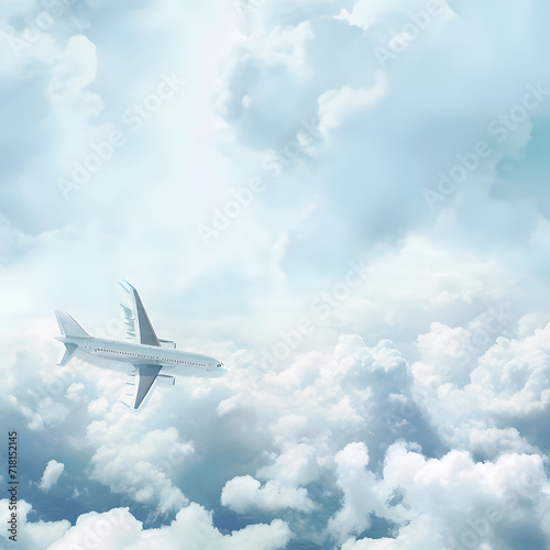 An illustration of a commercial airplane flying through picturesque clouds, representing worldwide travel and tourism. The image captures the excitement and adventure of leisure touring and summer vac