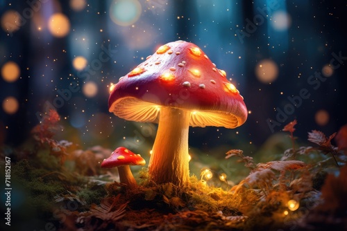 Fantasy mushroom with bokeh light in the forest at night , photo fantastic wonderland forest landscape with mushrooms and flowers, Ai generated