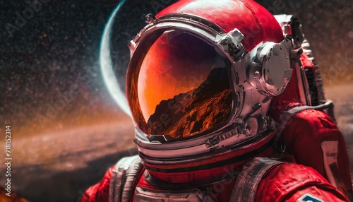 A gorgeous red astronaut suit and helmet.