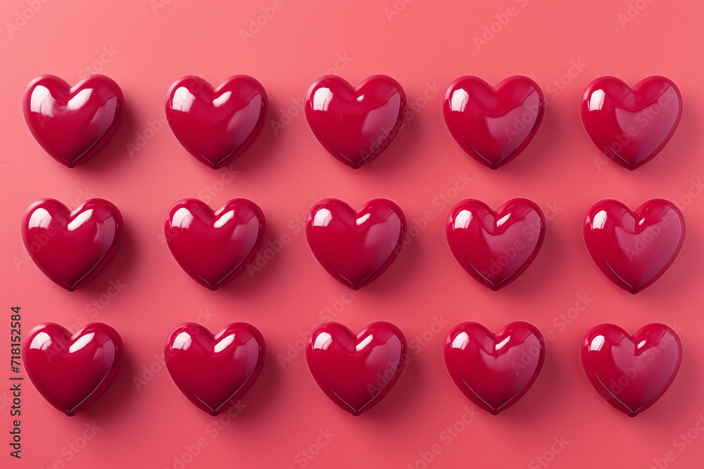 Pattern with glossy hearts on a pink background. Valentine's Day. Copy space.
