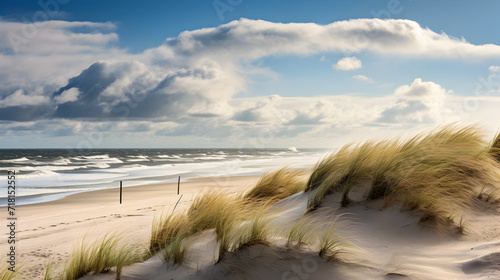 A beach scene with a cloudy sky and a beach scene,, Beach crossing in Denmark by the sea. Dunes, sand water and clouds on the coast Pro Photo