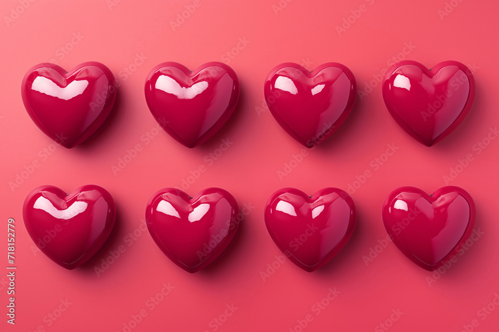 Pattern with glossy hearts on a pink background. Valentine's Day. Copy space.