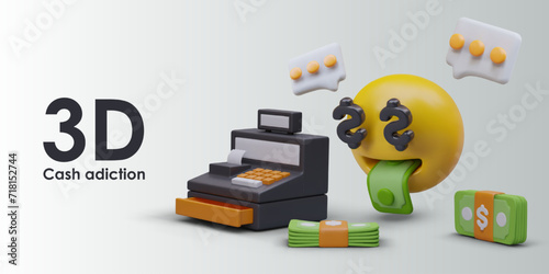 Placard with cash machine, banknotes, and yellow emoticon money surprised face. Money-mouth face with dollar eyes. Concept of love money, cash addiction. Vector illustration in 3d style