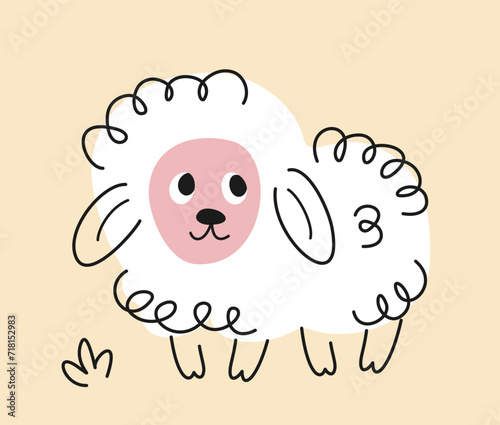 Cute hand drawn animal. Adorable baby sheep or ram in doodle style. Sticker with funny fluffy mammal. Agricultural or farm animal. Cartoon flat vector illustration isolated on beige background