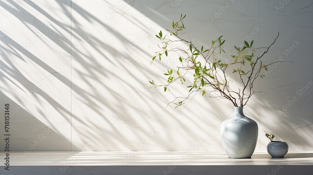 spring sunlight illuminating green tree branches, casting shadows on a white marble tile wall and wooden table, ample copy space for creative design elements.