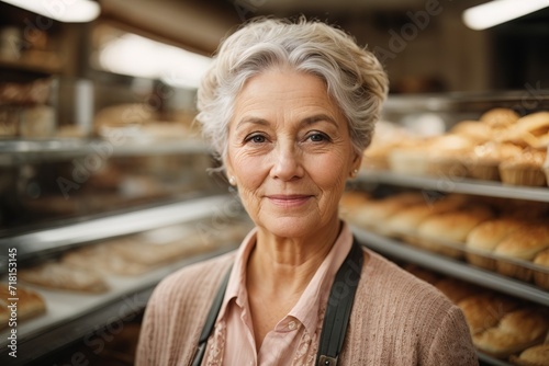 Portrait of senior woman baker in an apron nad beret in a bakery on bread background. Concept of employment of elderly people, small business, cafe, bakery.AI generated