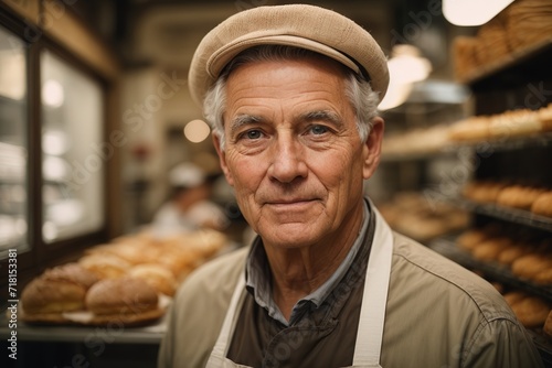 Portrait of senior man baker in an apron nad beret in a bakery on bread background. Concept of employment of elderly people  small business  cafe  bakery.AI generated