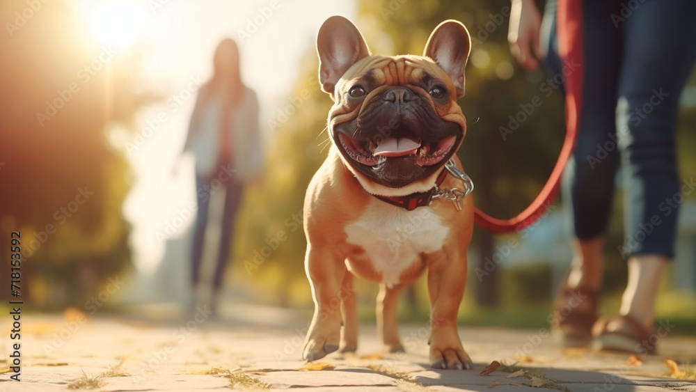 Happy French Bulldog take a walk in the park with human