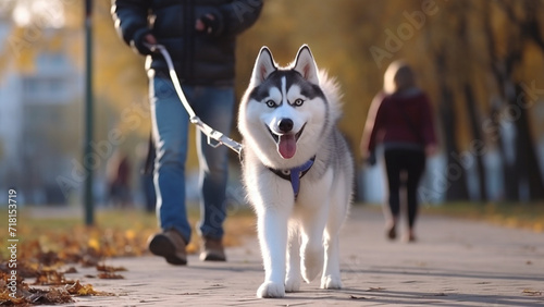 Happy Siberian Husky take a walk in the park with human