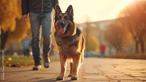 Happy Alsatian take a walk in the park with human