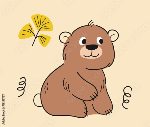 Cute hand drawn animal. Doodle sticker with adorable baby bear or grizzly bear. Mammal inhabitant of forest. Scandinavian style design. Cartoon flat vector illustration isolated on beige background