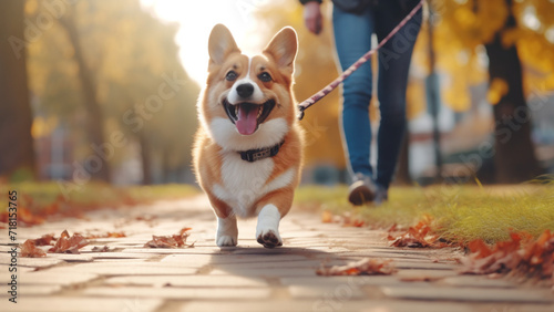 Happy Corgi take a walk in the park with human