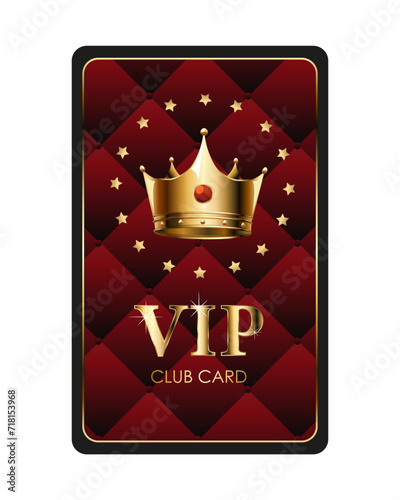 Luxury VIP club card with golden elements, srats, golden crown and red background