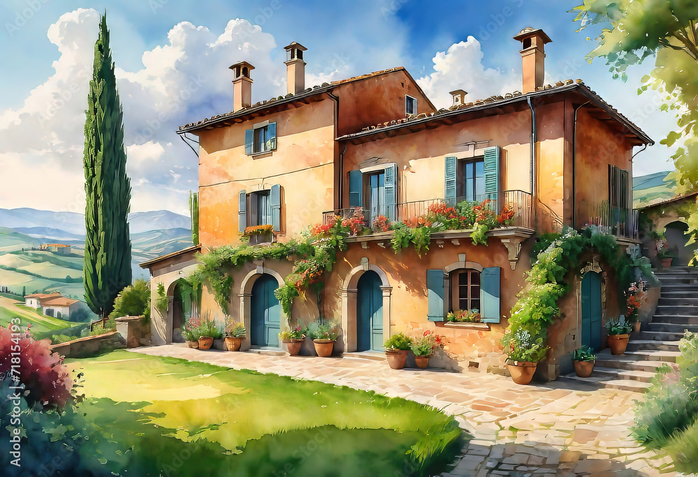 Watercolor illustration, view of a beautiful landscape with the sea with a fragment of a stunning villa in a village with a large space and a vineyard, watercolor painting