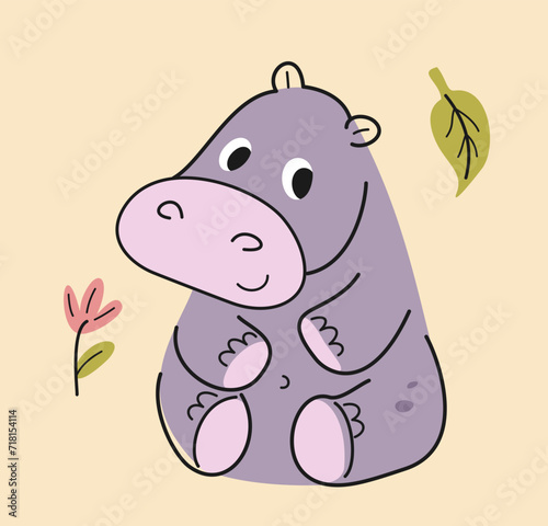Cute hand drawn animal. Charming smiling hippopotamus inhabitant of savannah or jungle. Wild African baby beast. Design for nursery room. Cartoon flat vector illustration isolated on beige background