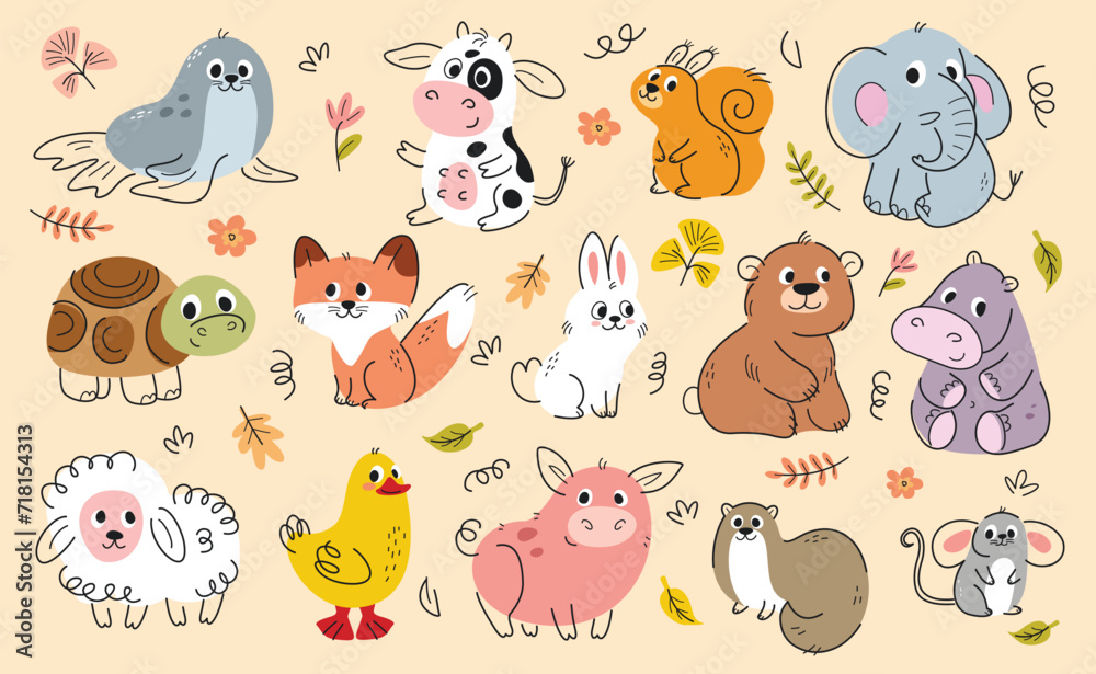 Set of cute hand drawn animals. Adorable friendly rabbit, bear, turtle, fox, squirrel, elephant, hippopotamus and cow. Wild baby beasts. Cartoon flat vector illustrations isolated on beige background Set of cute hand drawn animals. Adorable friendly rabbit, bear, turtle, fox, squirrel, elephant, hippopotamus and cow. Wild baby beasts. Cartoon flat vector illustrations isolated on beige background