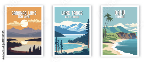 Saranac Lake, Lake Tahoe, Oahu Illustration Art. Travel Poster Wall Art. Minimalist Vector art photo