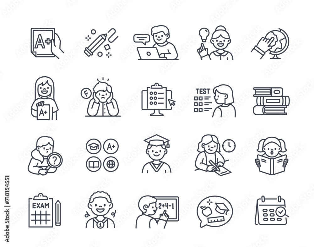 Set of Education Related line icons. Back to school signs. Happy schoolchildren reading books, preparing for exams and solving tests. Outline simple vector collection isolated on white background Set of Education Related line icons. Back to school signs. Happy schoolchildren reading books, preparing for exams and solving tests. Outline simple vector collection isolated on white background