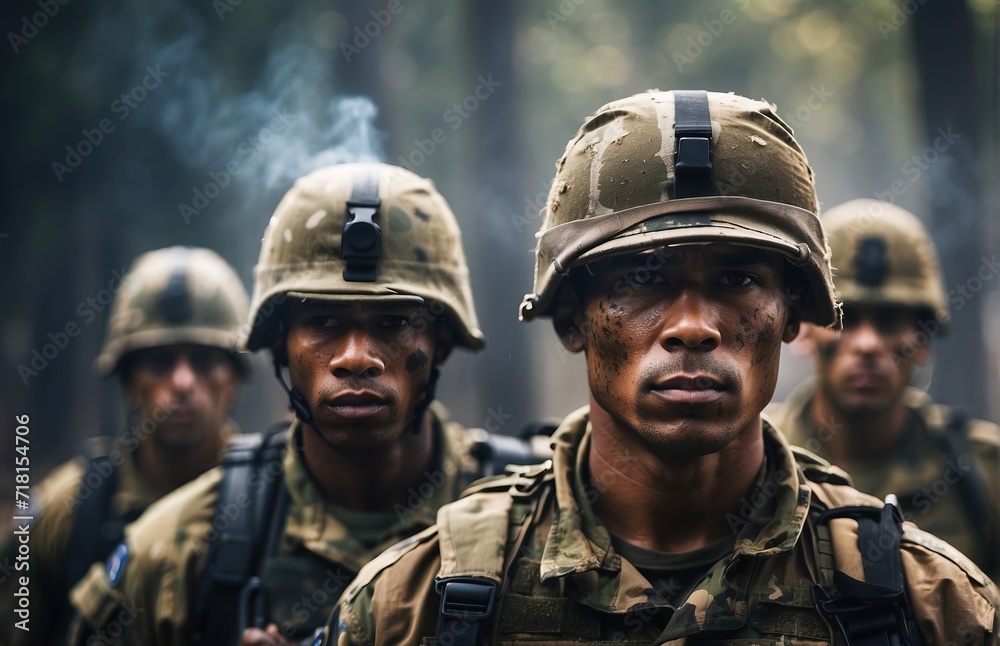 A portrait of military men, a group of soldiers on a smoky background