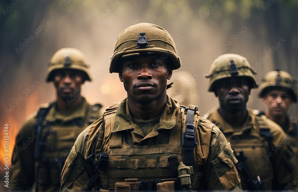 A portrait of military men, a group of soldiers on a smoky background A portrait of military men, a group of soldiers on a smoky background