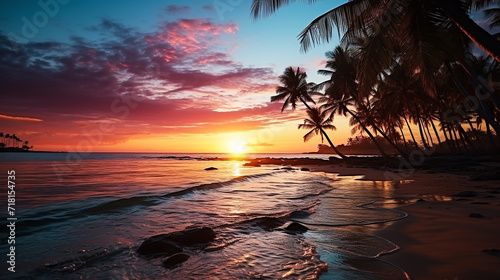 Silhouette tropical coconut tree with sunset background