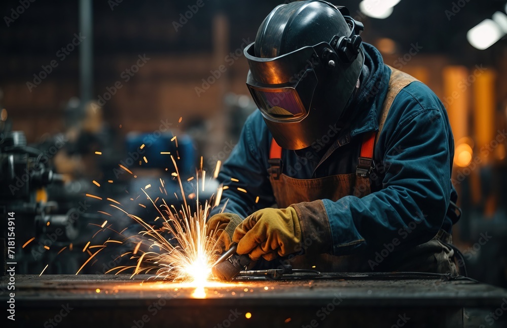 Metal welder working with arc welding machine to weld steel at factory Metal welder working with arc welding machine to weld steel at factory