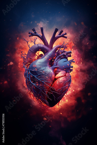 Heart organ with blood vessels surrounded by fire.