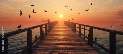 wooden pier and sea, evening sunset and birds flying in the sky