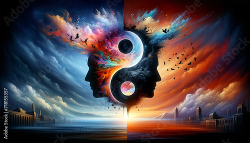 Artwork of surreal human profiles with cosmic and fiery elements forming a yin-yang against a dramatic sky above a serene landscape. Spiritual concept. AI generated. photo