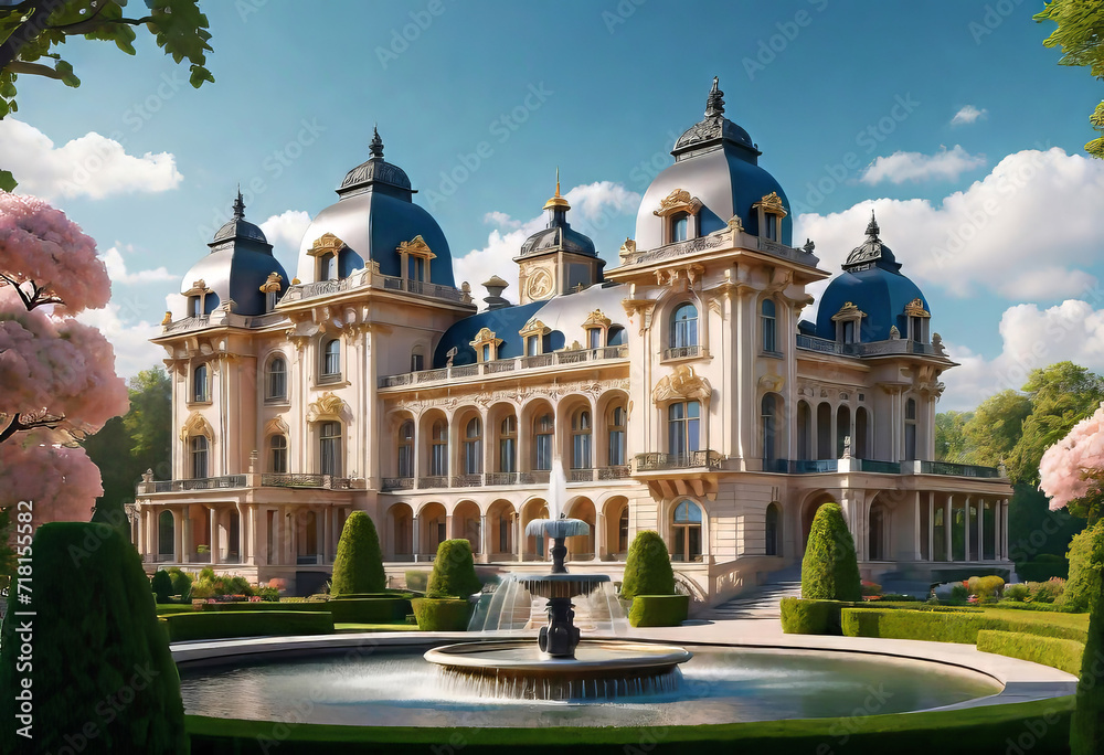 View of a luxurious aristocratic historical palace with a park, architectural monuments of the Baroque era of the 16th-18th centuries,