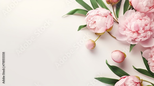 a banner featuring a delicate frame of pink peonies and green leaves on a white or pink background  a spring composition with ample copyspace  creating an inviting visual.