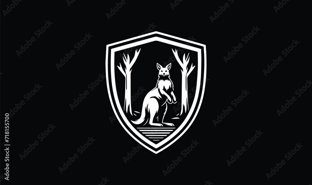 shield with wings, wolf is standing, grass on black background