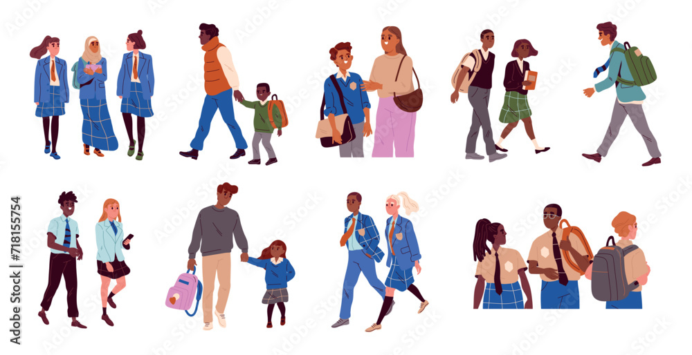 Set of people going to school or university. Parents with schoolchildren, teenage students and little pupils go to lessons in class. Cartoon flat vector illustrations isolated on white background