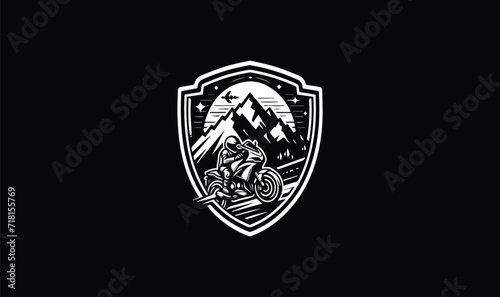 coat of arms, sports motor bike mountain, bird sky, on black blackground