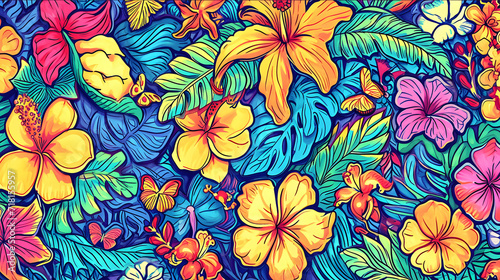 Vivid and detailed tropical floral pattern with a dense arrangement of flowers and leaves.