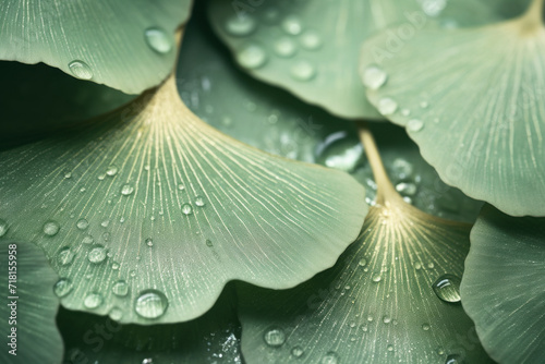 Ginkgo biloba leaves with water drops closeup. Nature concept background
