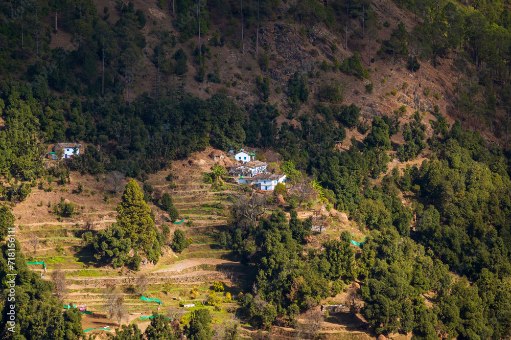 Landscape in the mountains. Village in hills of  Himalaya  in the Kumaun region, Uttarakhand, India,