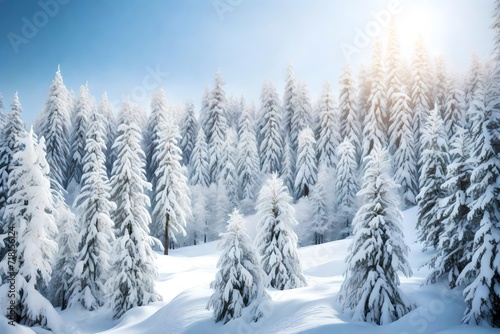  A serene snow-covered forest with tall evergreen trees laden with pristine white snow © Ateeq