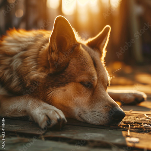 Beautiful dog sitting on the ground enjoying the sun © Oleksandra