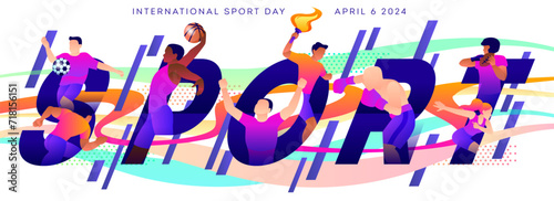 International Sports Day. Banner or background with athletes from different sports. Competition and championship. Design element for greeting card or certificate. Cartoon flat vector illustration