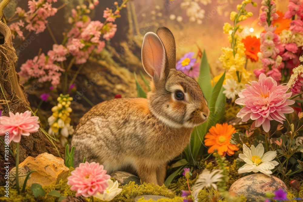 The Easter bunny amidst blossoming flowers and springtime magic