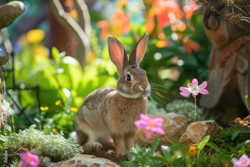 The Easter bunny amidst blossoming flowers and springtime magic