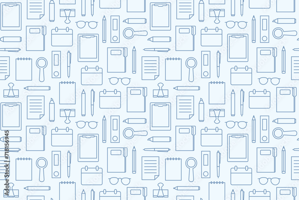 seamless pattern with office stationery, notepad, eyeglasses, magnifier andother office related icons- vector illustration