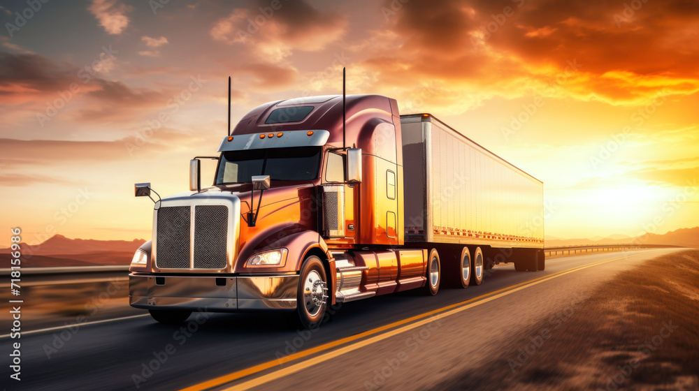Classic large semi-trailer with a large hood and high roof, carrying commercial goods in a van semi-trailer, driving for delivery along a winding road at sunset.
