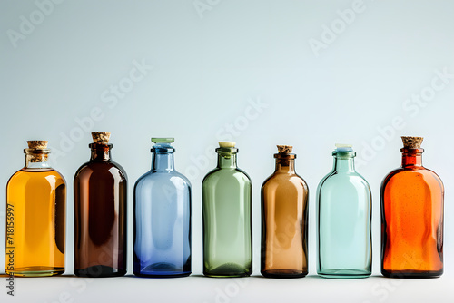 Vielfältige Getränkefreuden: Eine Reihung von Flaschen auf rustikalem Holzhintergrund photo