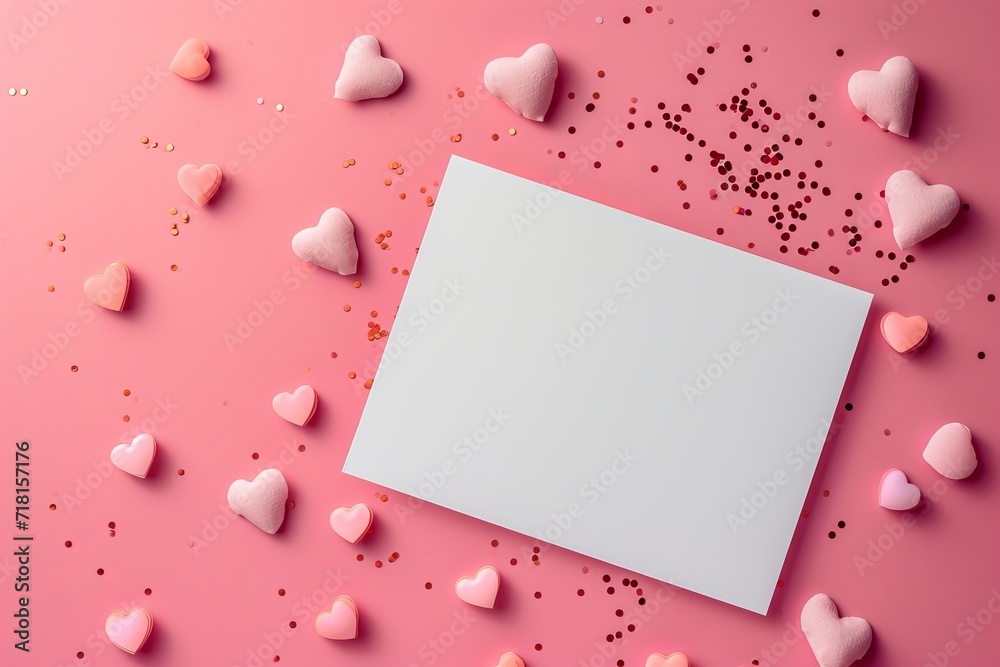 White close up valentine card among heart-shaped confetti on a pink background with copy space. Concept of love letters for valentine's day, love anniversary wedding, top view White close up valentine card among heart-shaped confetti on a pink background with copy space. Concept of love letters for valentine's day, love anniversary wedding, top view
