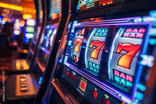 Capturing the thrill of the casino, a slot machine beckons with flashing lights and endless possibilities in the midst of an energetic arcade game